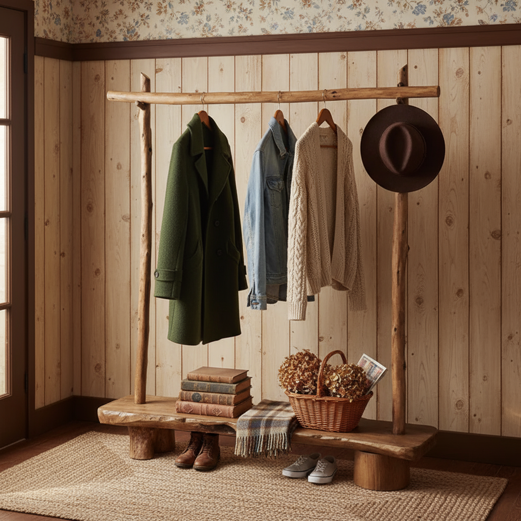 Rustic Solid Wood Coat Rack with Bench