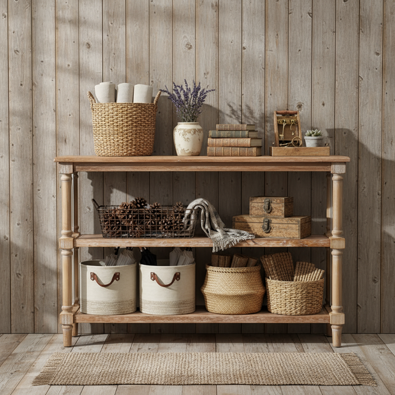 Solid Wood Console Table with Open Shelves