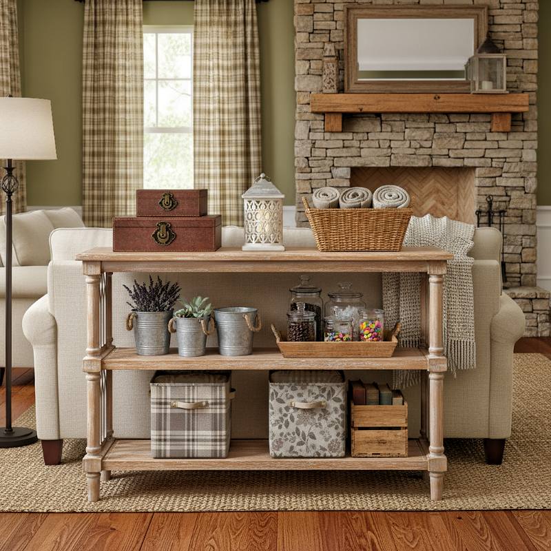 Solid Wood Console Table with Open Shelves