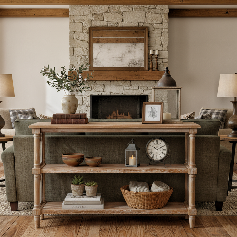 Solid Wood Console Table with Open Shelves