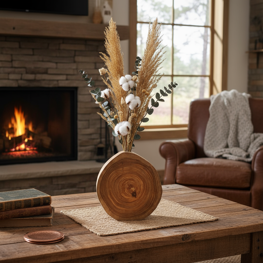 Rustic Wooden Log Vase – Farmhouse Natural Centerpiece