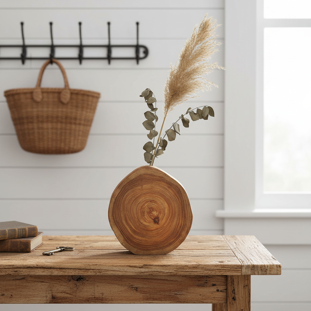 Rustic Wooden Log Vase – Farmhouse Natural Centerpiece