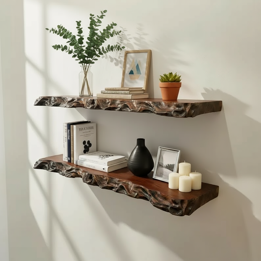 Rustic Live Edge Solid Wood Floating Shelf