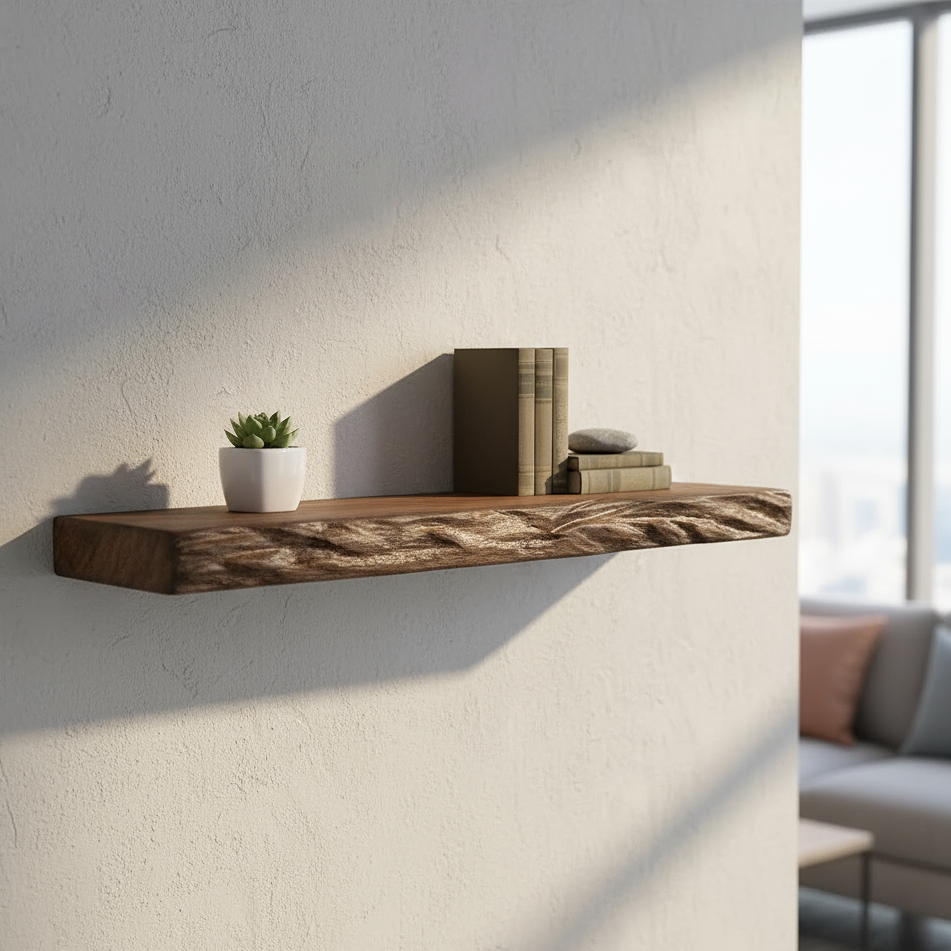 Rustic Hand-Carved Live Edge Solid Wood Floating Shelf