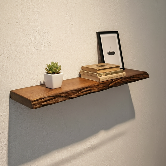 Rustic Hand-Carved Live Edge Solid Wood Floating Shelf