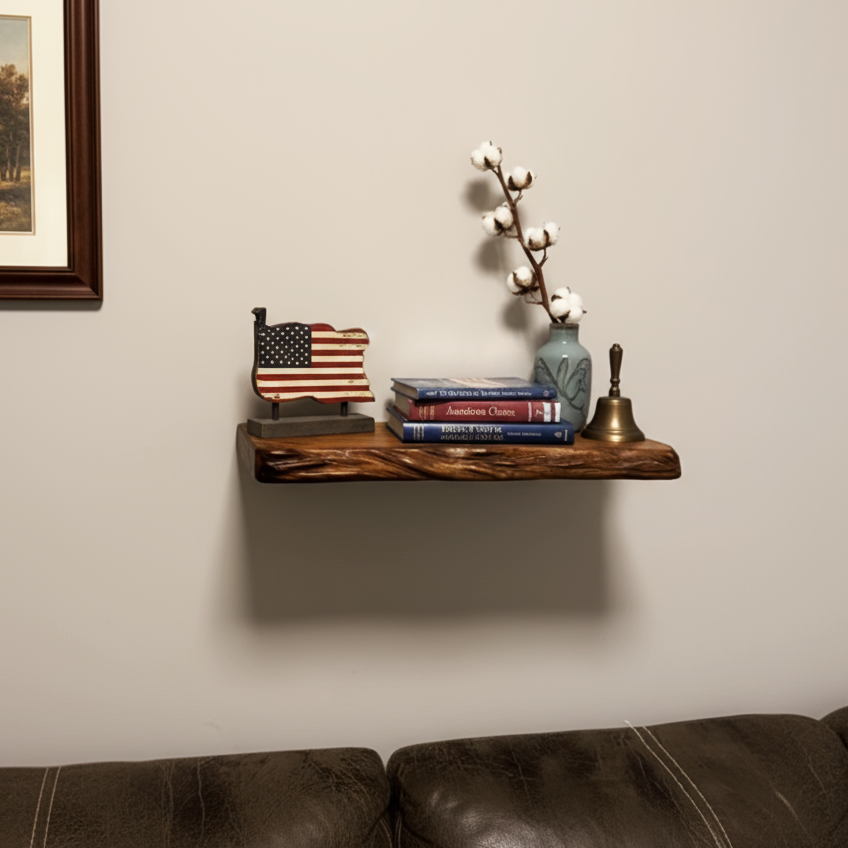 Rustic Hand-Carved Live Edge Solid Wood Floating Shelf