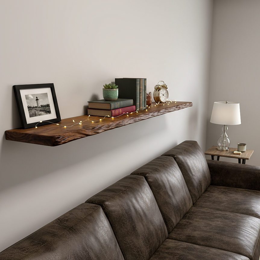 Rustic Hand-Carved Live Edge Solid Wood Floating Shelf