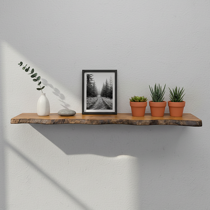 Hand-Carved Live Edge Solid Wood Floating Shelf