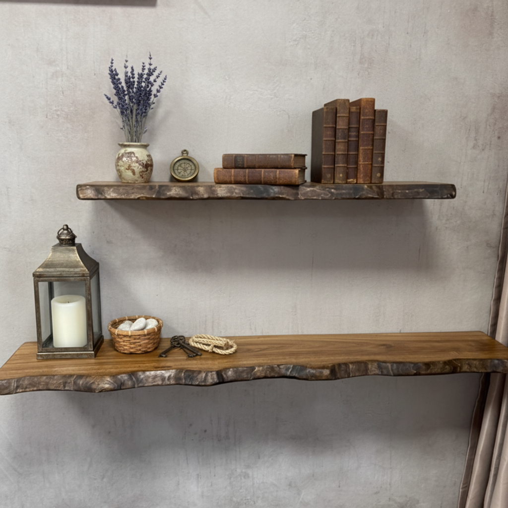 Hand-Carved Live Edge Solid Wood Floating Shelf