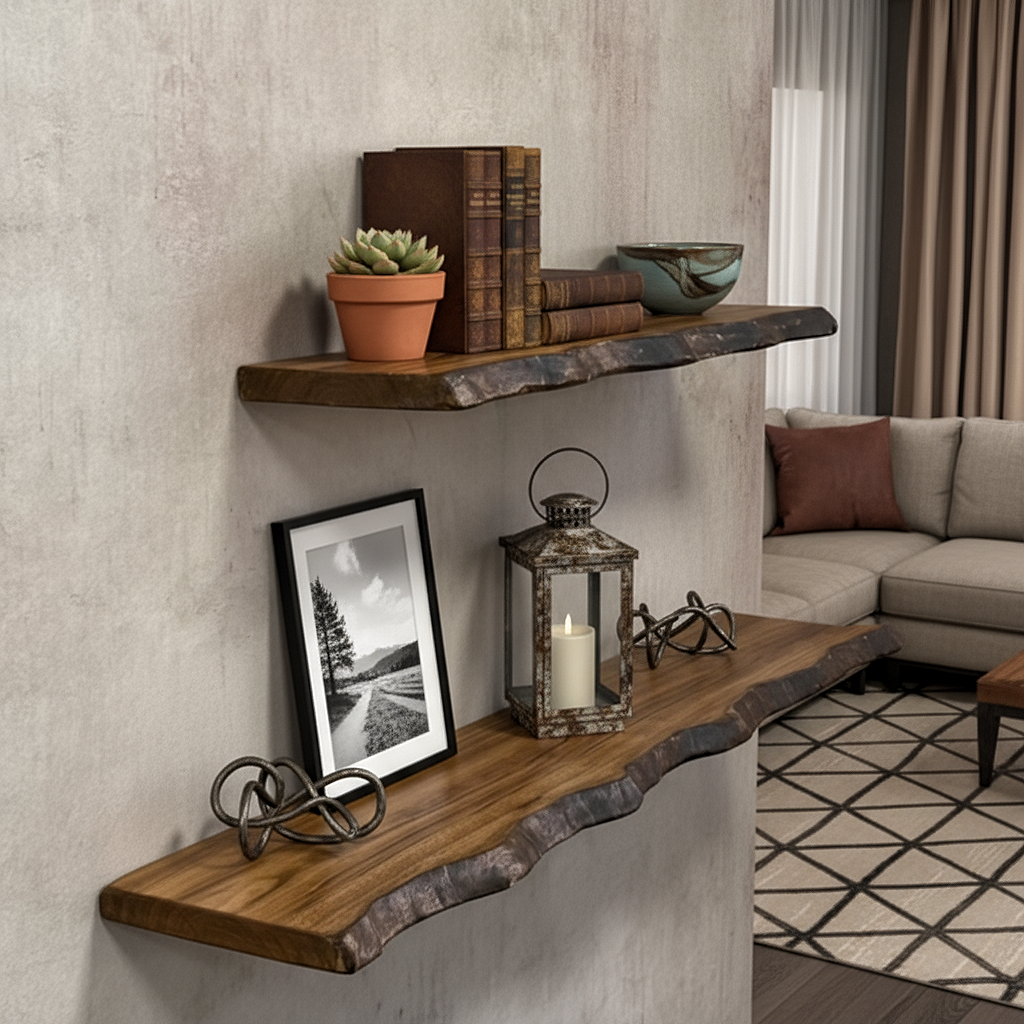 Hand-Carved Live Edge Solid Wood Floating Shelf