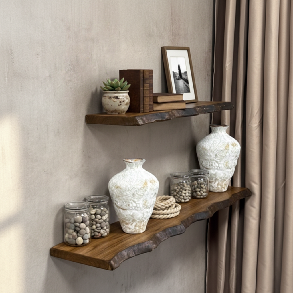 Hand-Carved Live Edge Solid Wood Floating Shelf