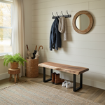 Cottage-style entryway featuring solid wood live edge bench in walnut finish and natural decor