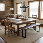 Modern dining room with solid live edge dining table set in walnut color and black metal legs