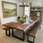 Handcrafted solid wood live edge dining table with matching bench in walnut color, black steel legs, modern farmhouse dining room