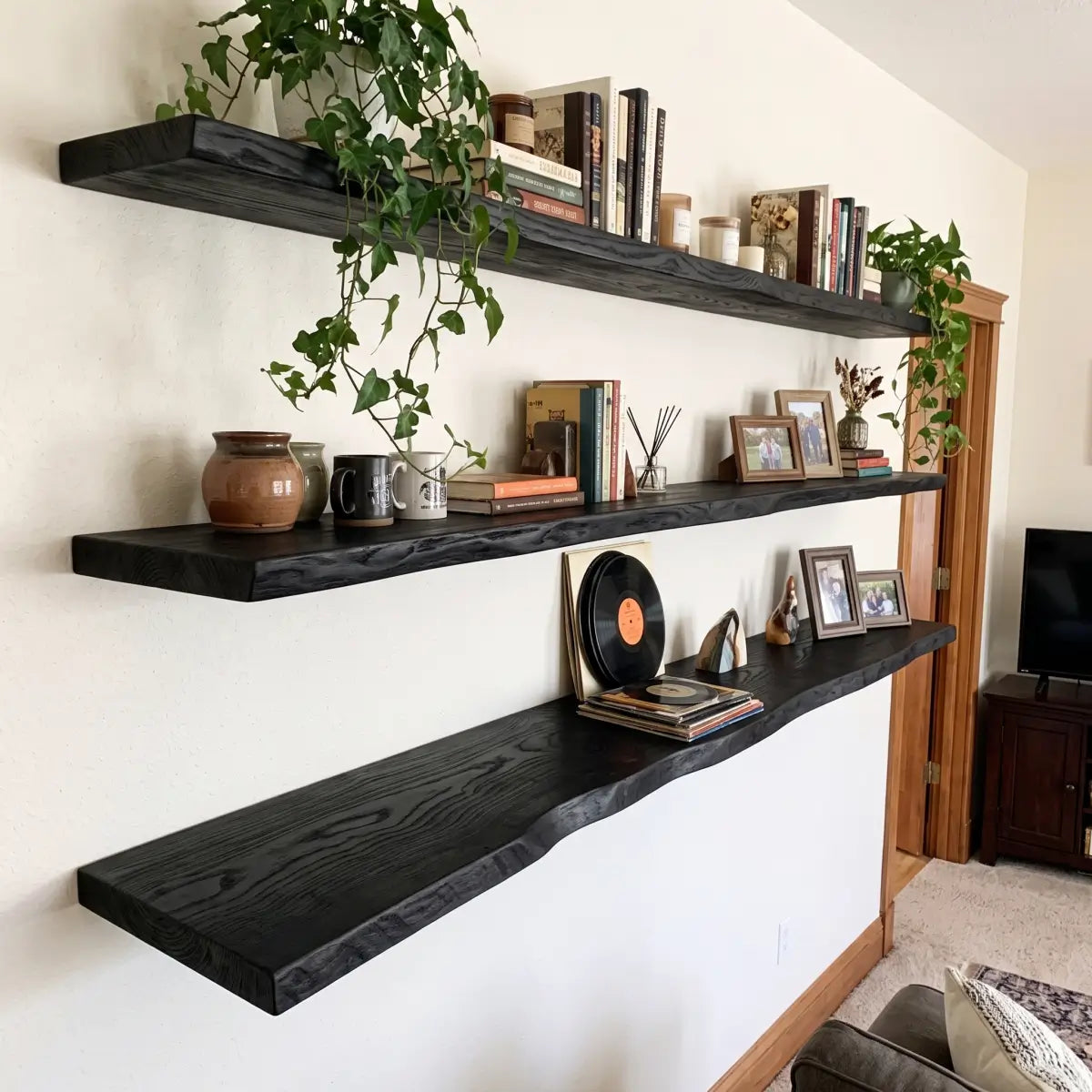 Live Edge Solid Wood Floating Shelf with Hidden Bracket