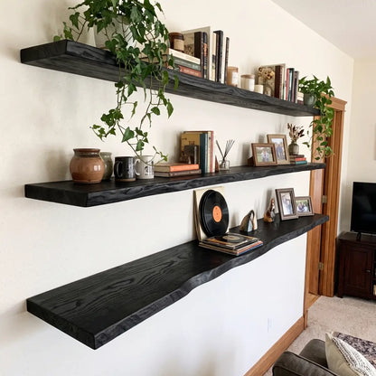 Live Edge Solid Wood Floating Shelf with Hidden Bracket