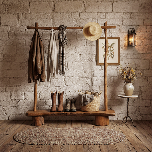 Rustic Solid Wood Coat Rack with Bench