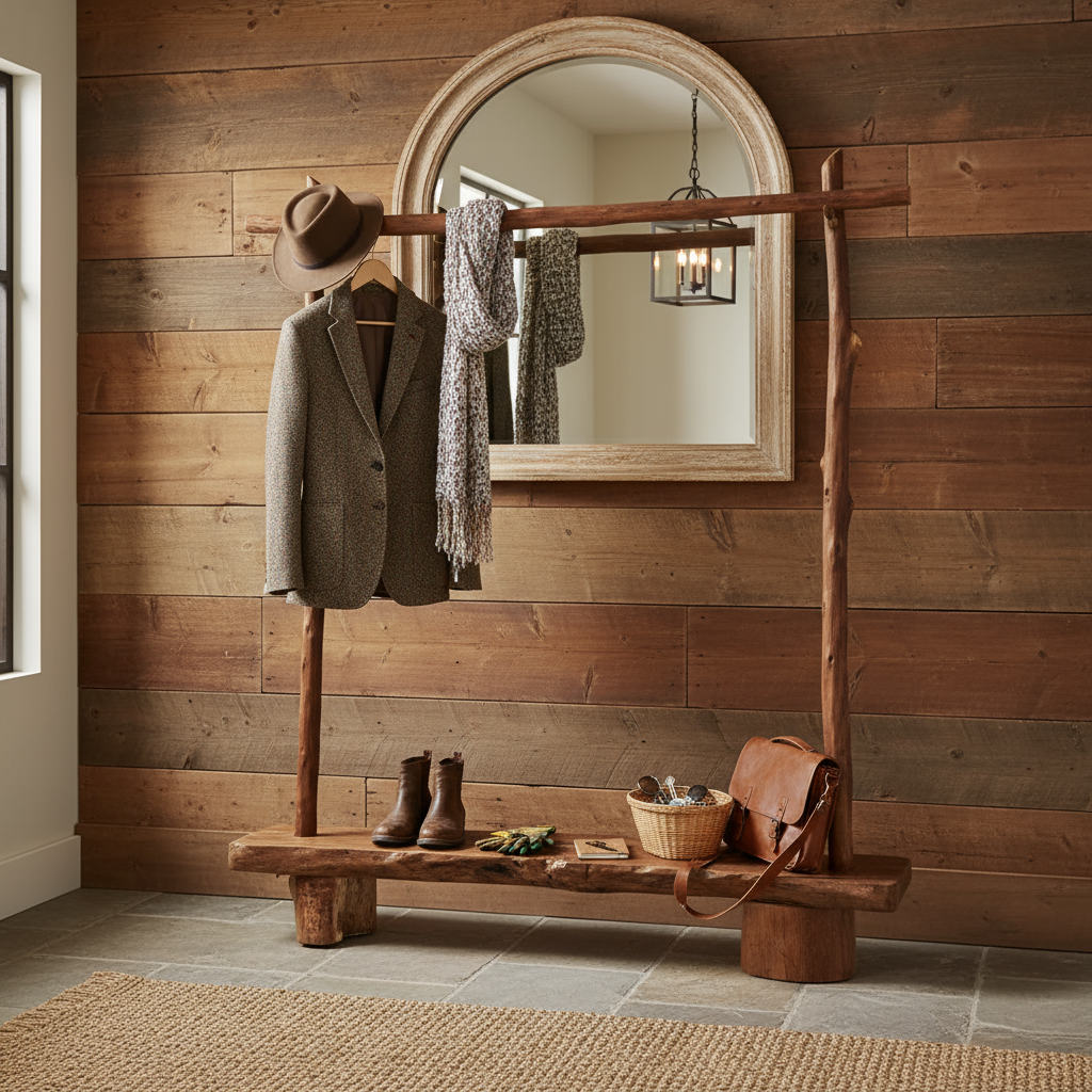 Rustic Solid Wood Coat Rack with Bench