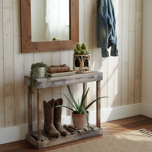 Wooden console table with boots, plants, and decor in a home entryway.