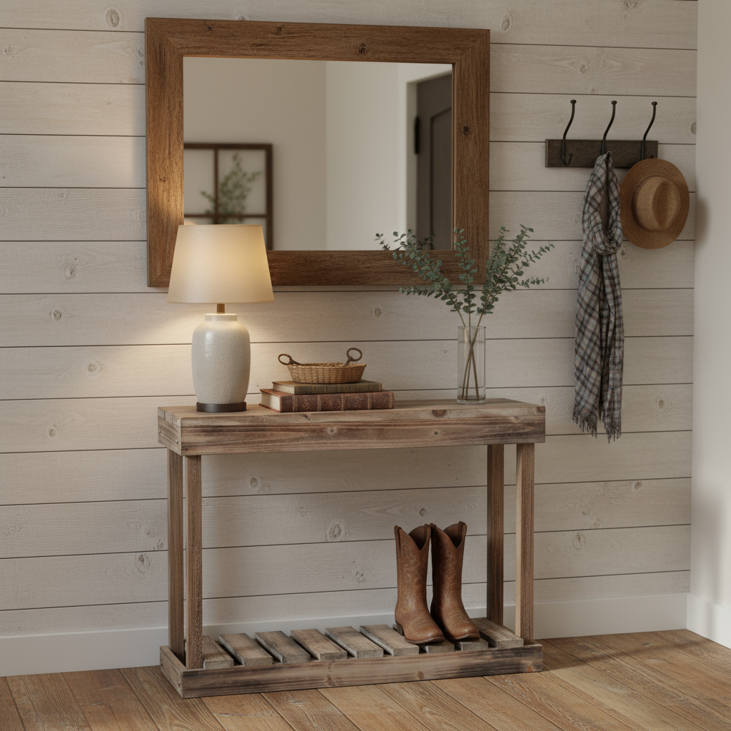 Wooden console table with lamp, boots, and decor against a wooden wall.