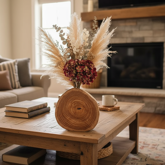 Rustic Wooden Log Vase – Farmhouse Natural Centerpiece