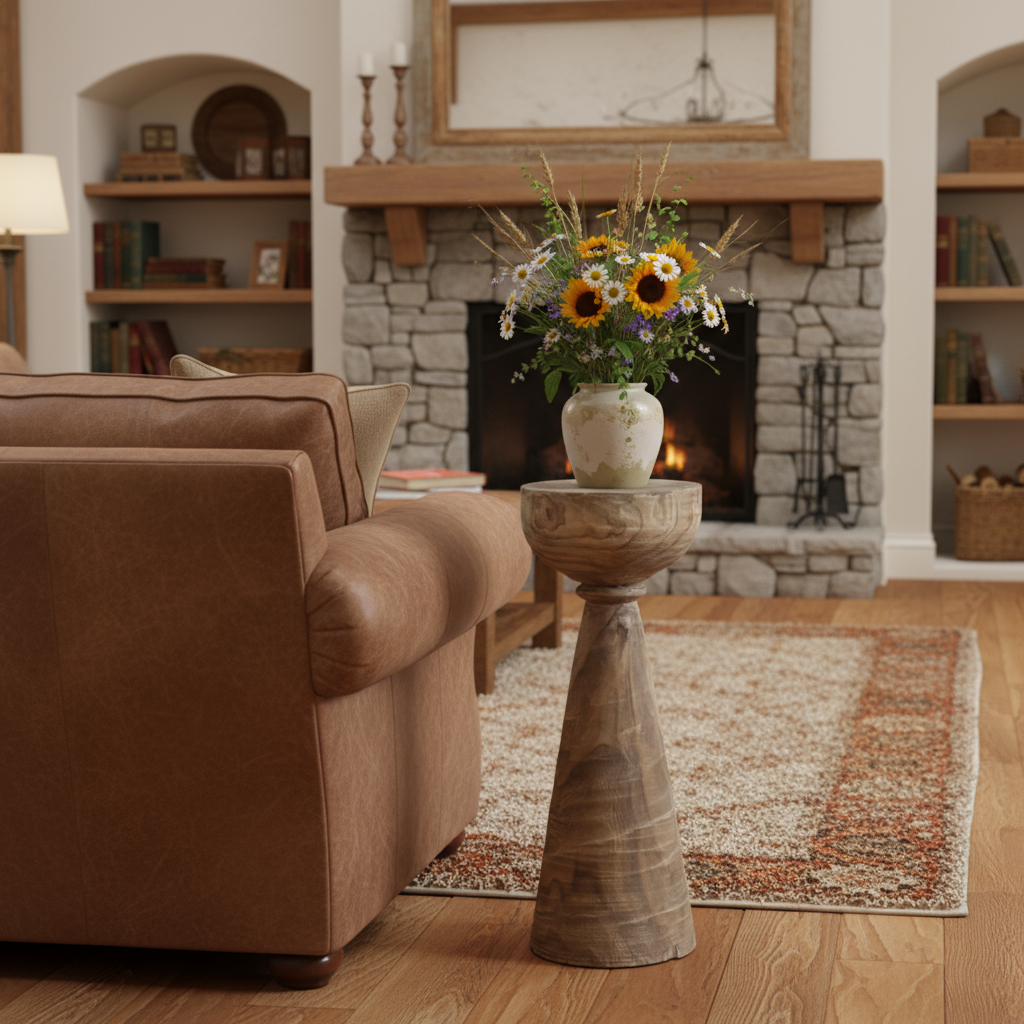 Rustic Wooden Pedestal Side Table