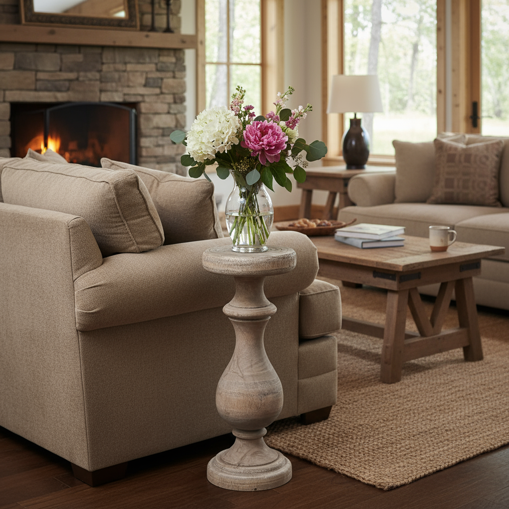 Rustic Wooden Pedestal Side Table