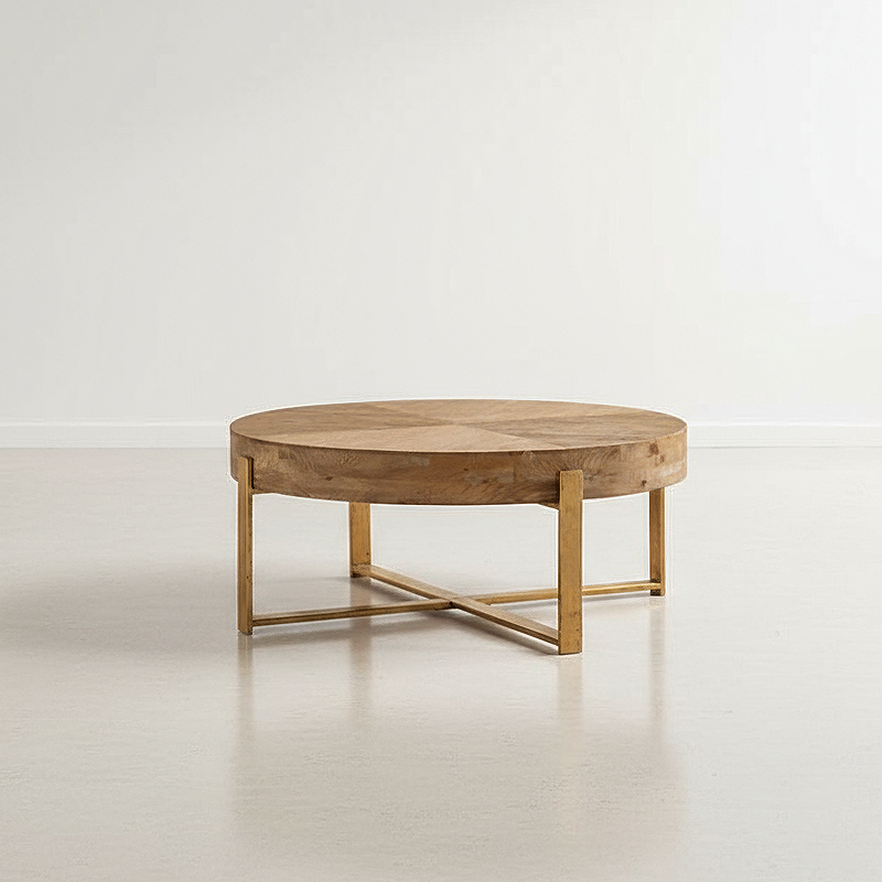 Round Solid Wood Coffee Table with Metal Base