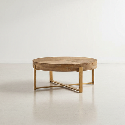 Round Solid Wood Coffee Table with Metal Base