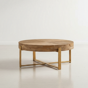 Round Solid Wood Coffee Table with Metal Base