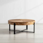 Round Solid Wood Coffee Table with Metal Base