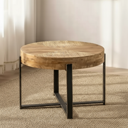 Round Solid Wood Coffee Table with Metal Base