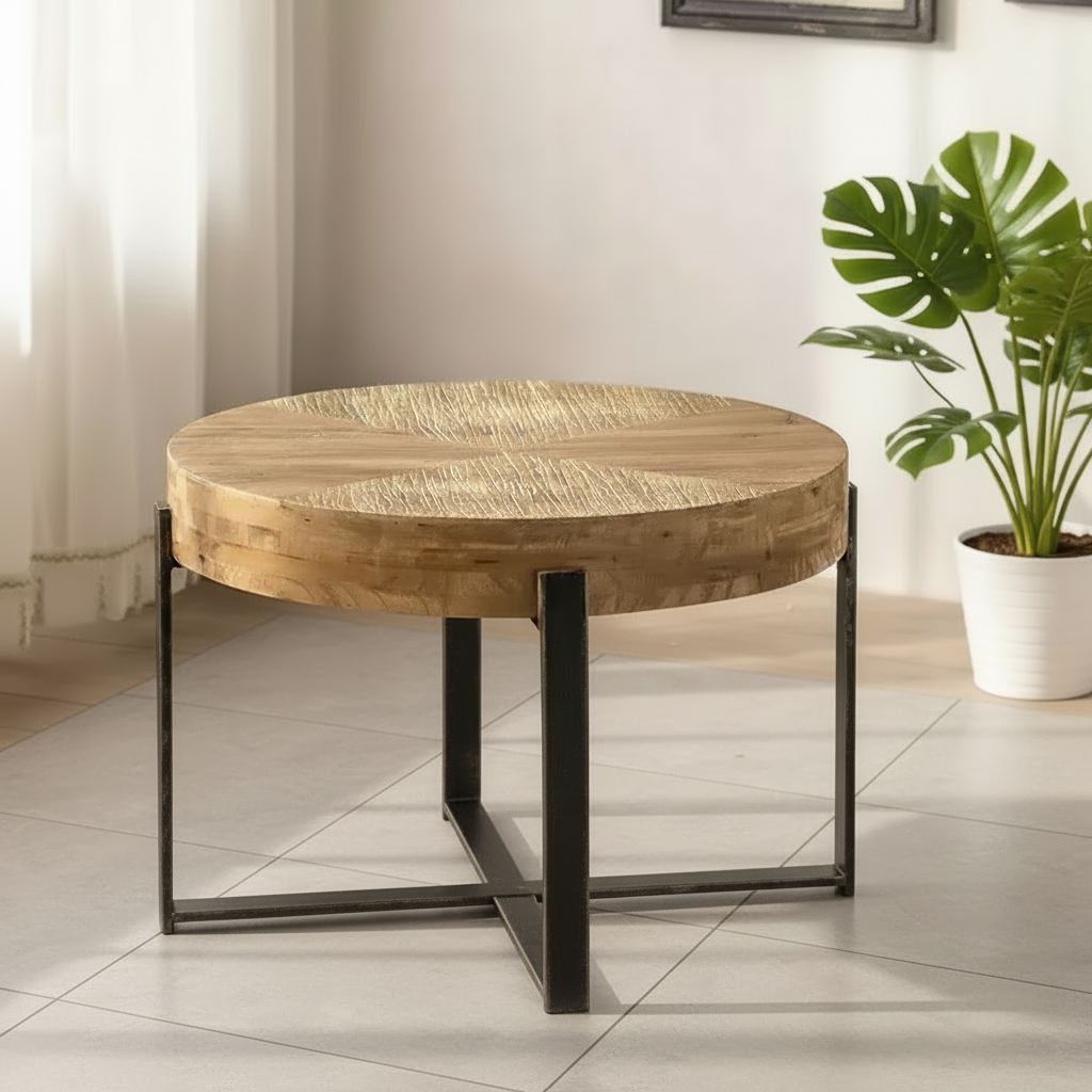 Round Solid Wood Coffee Table with Metal Base