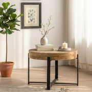 Round Solid Wood Coffee Table with Metal Base