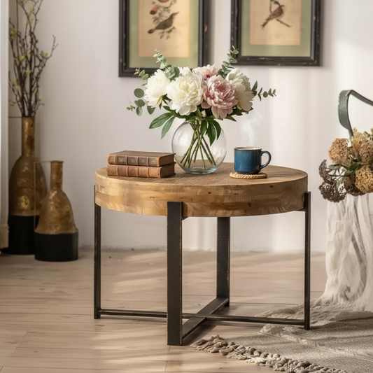 Round Solid Wood Coffee Table with Metal Base
