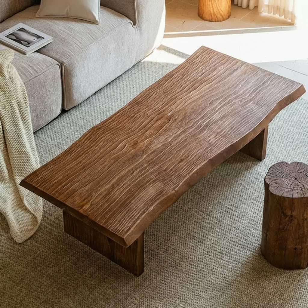 Solid Elm Coffee Table | Hand-Shaped Organic Edge & Waterfall Design