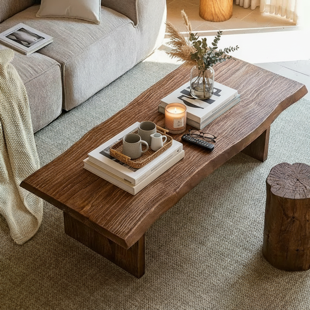 Solid Elm Coffee Table | Hand-Shaped Organic Edge & Waterfall Design
