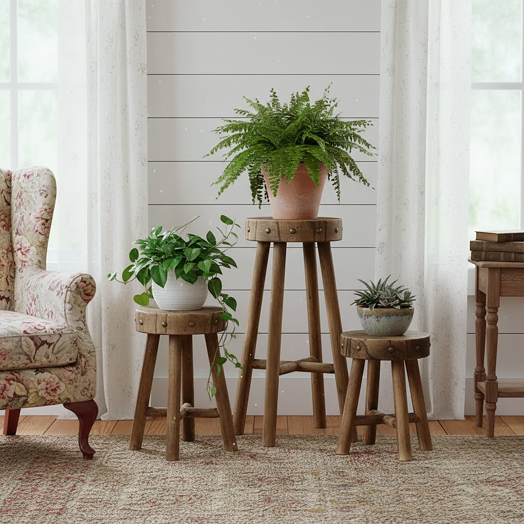 Rustic Solid Wood Stool – Multi-Purpose Accent & Plant Stand