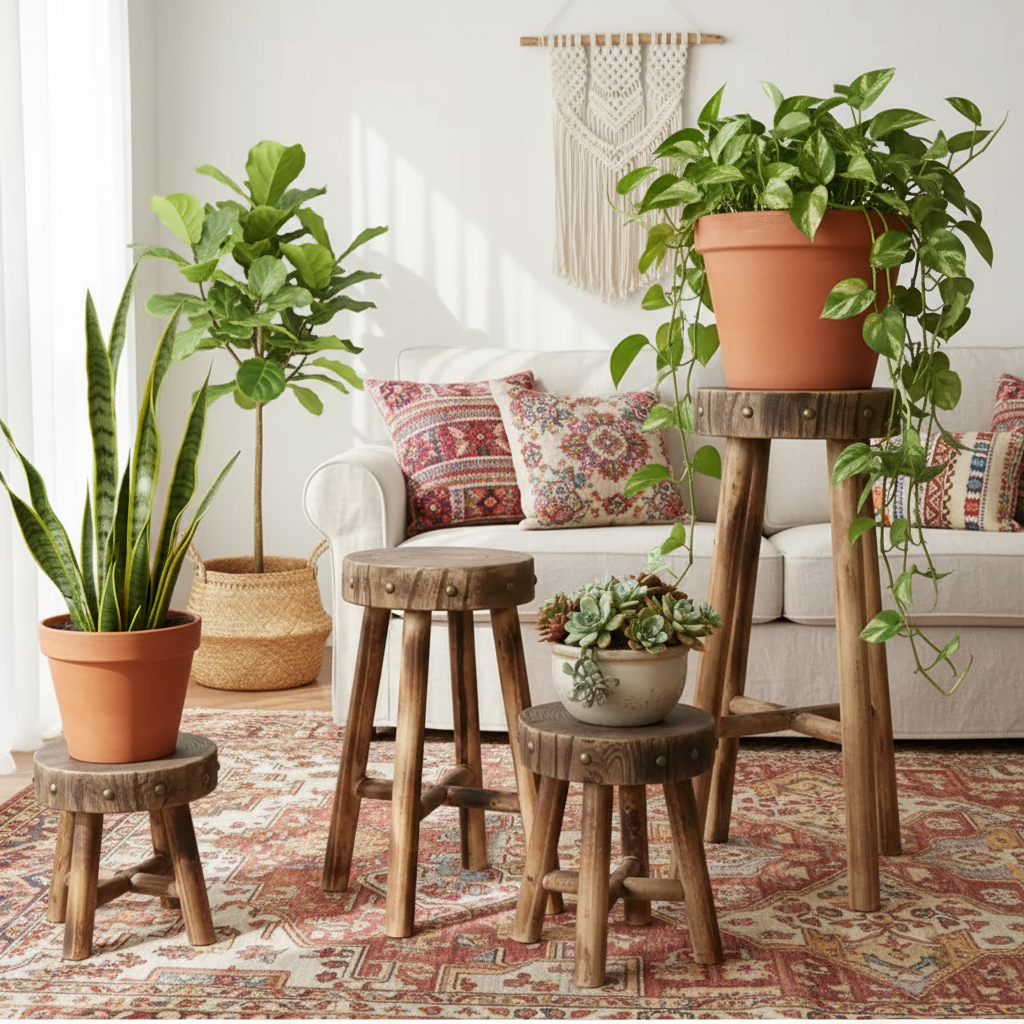 Rustic Solid Wood Stool – Multi-Purpose Accent & Plant Stand