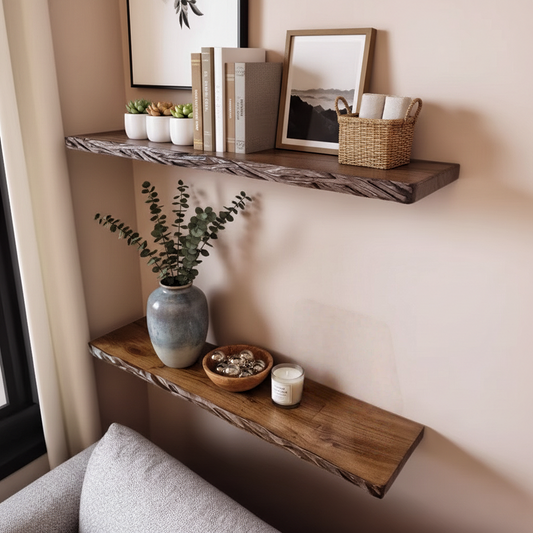Rustic Hand-Carved Live Edge Solid Wood Floating Shelf