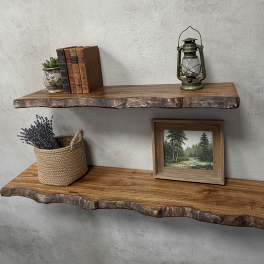 Hand-Carved Live Edge Solid Wood Floating Shelf