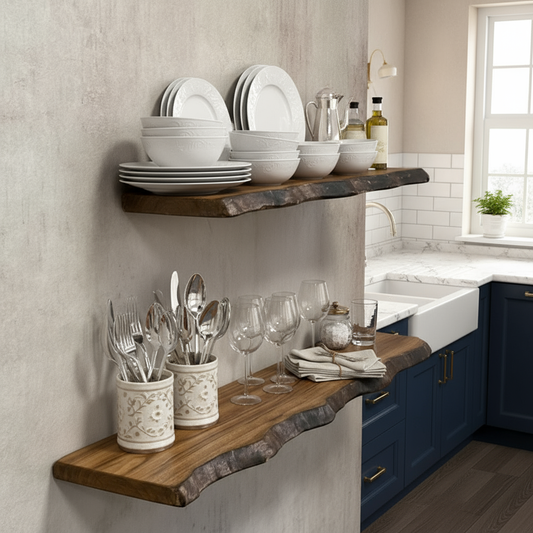 Hand-Carved Live Edge Solid Wood Floating Shelf