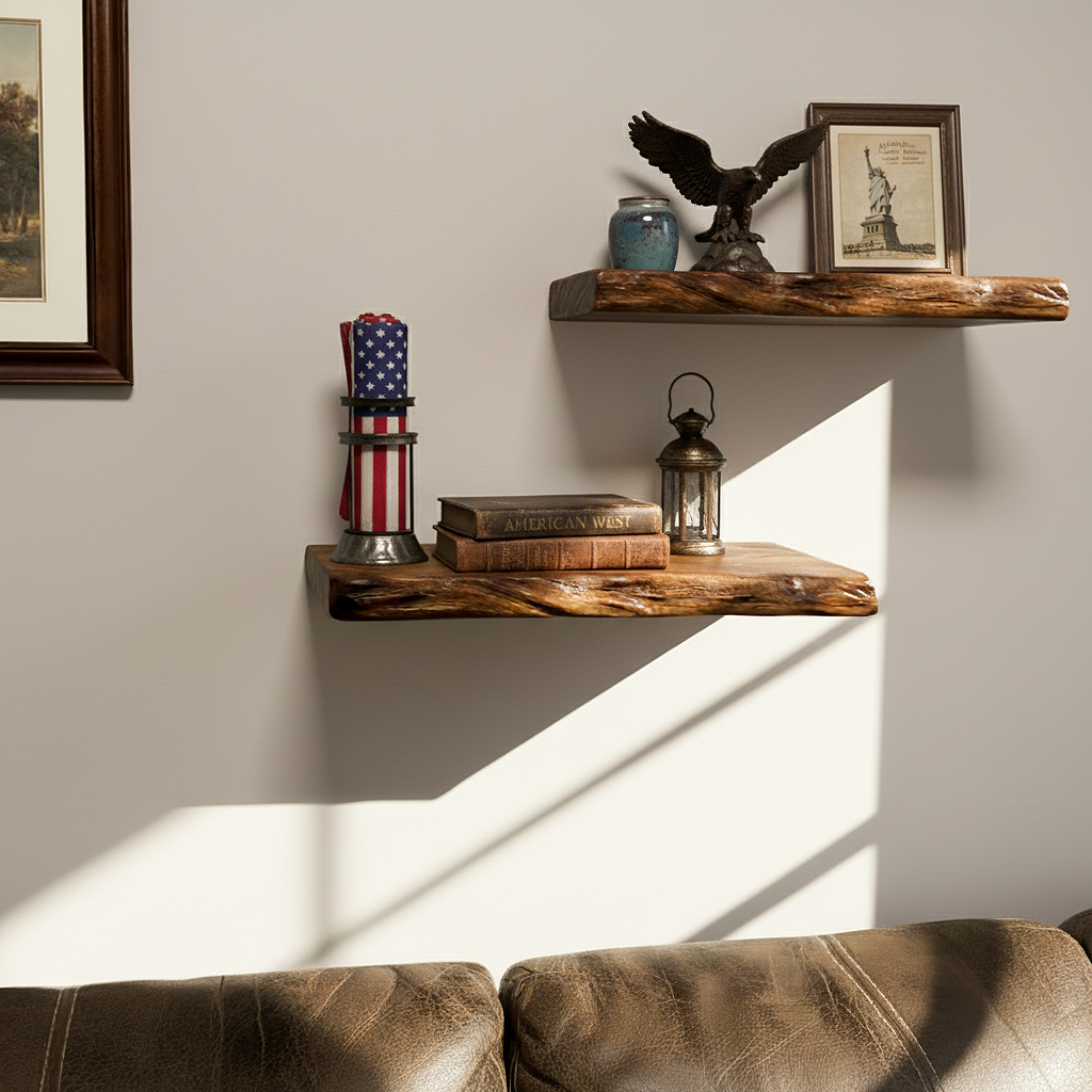 Rustic Hand-Carved Live Edge Solid Wood Floating Shelf