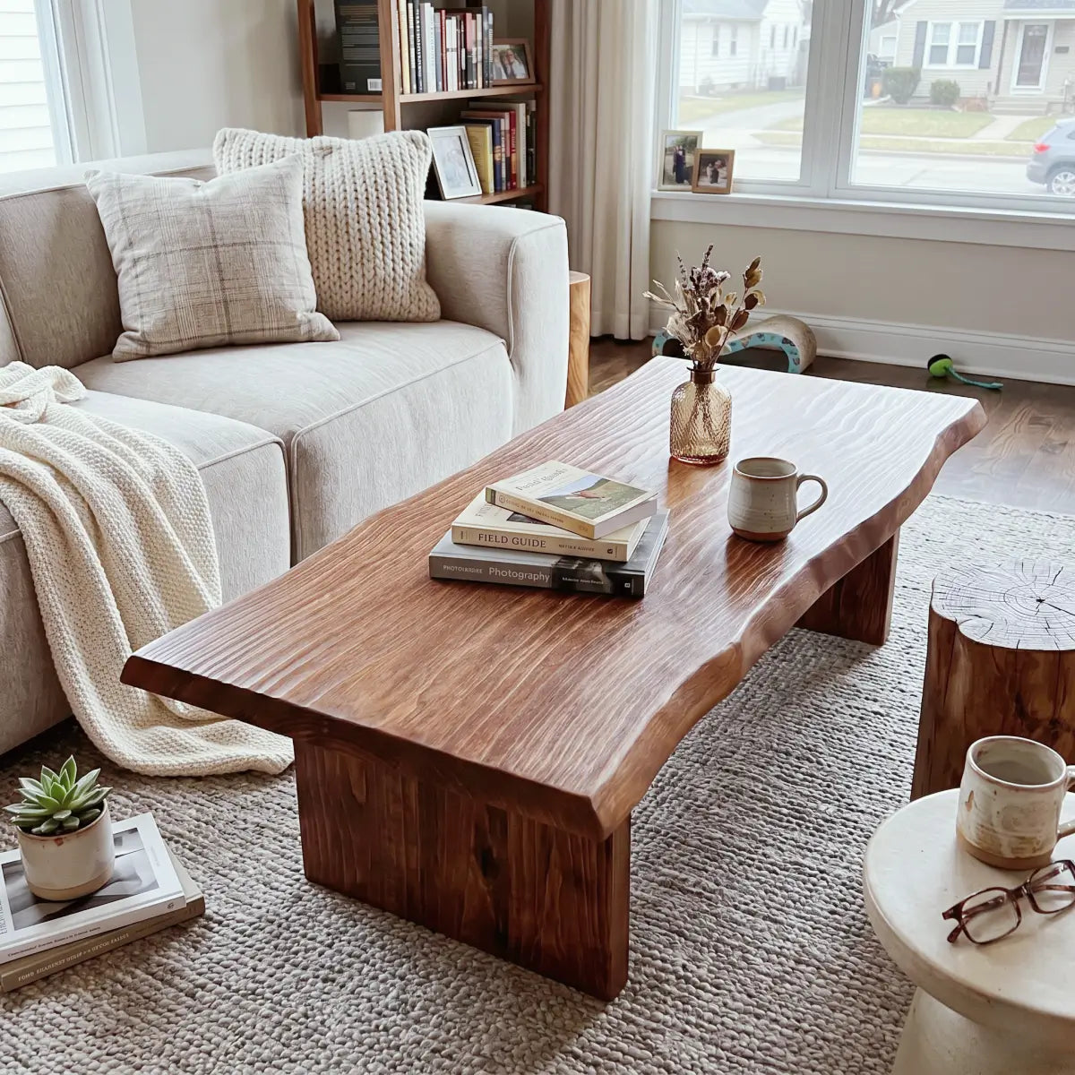 Solid Elm Coffee Table | Hand-Shaped Organic Edge & Waterfall Design