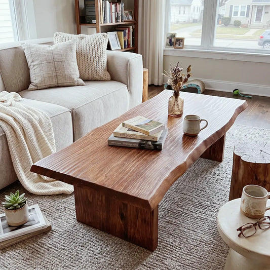 Solid Elm Coffee Table | Hand-Shaped Organic Edge & Waterfall Design