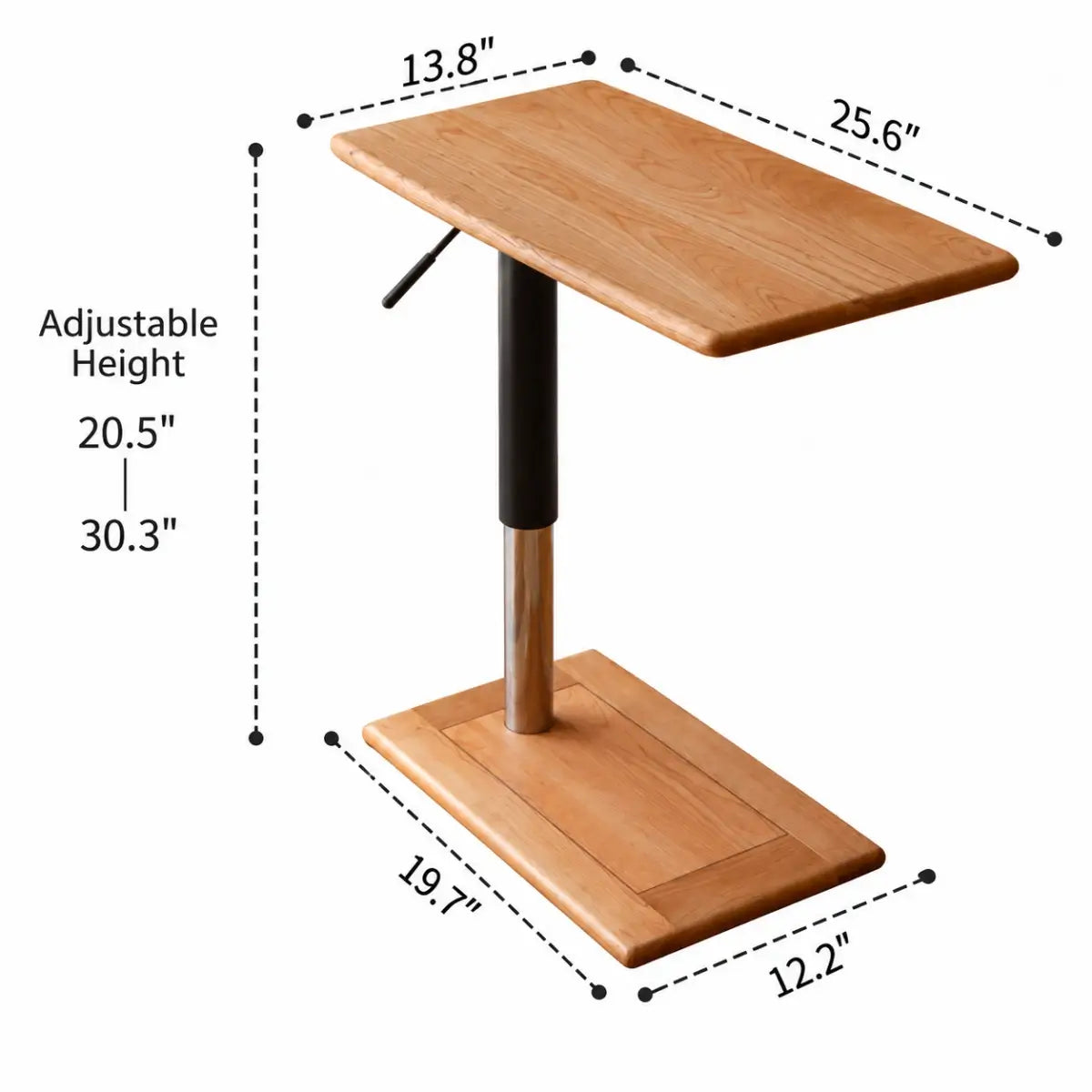 Adjustable solid wood couch side table with single-pedestal base