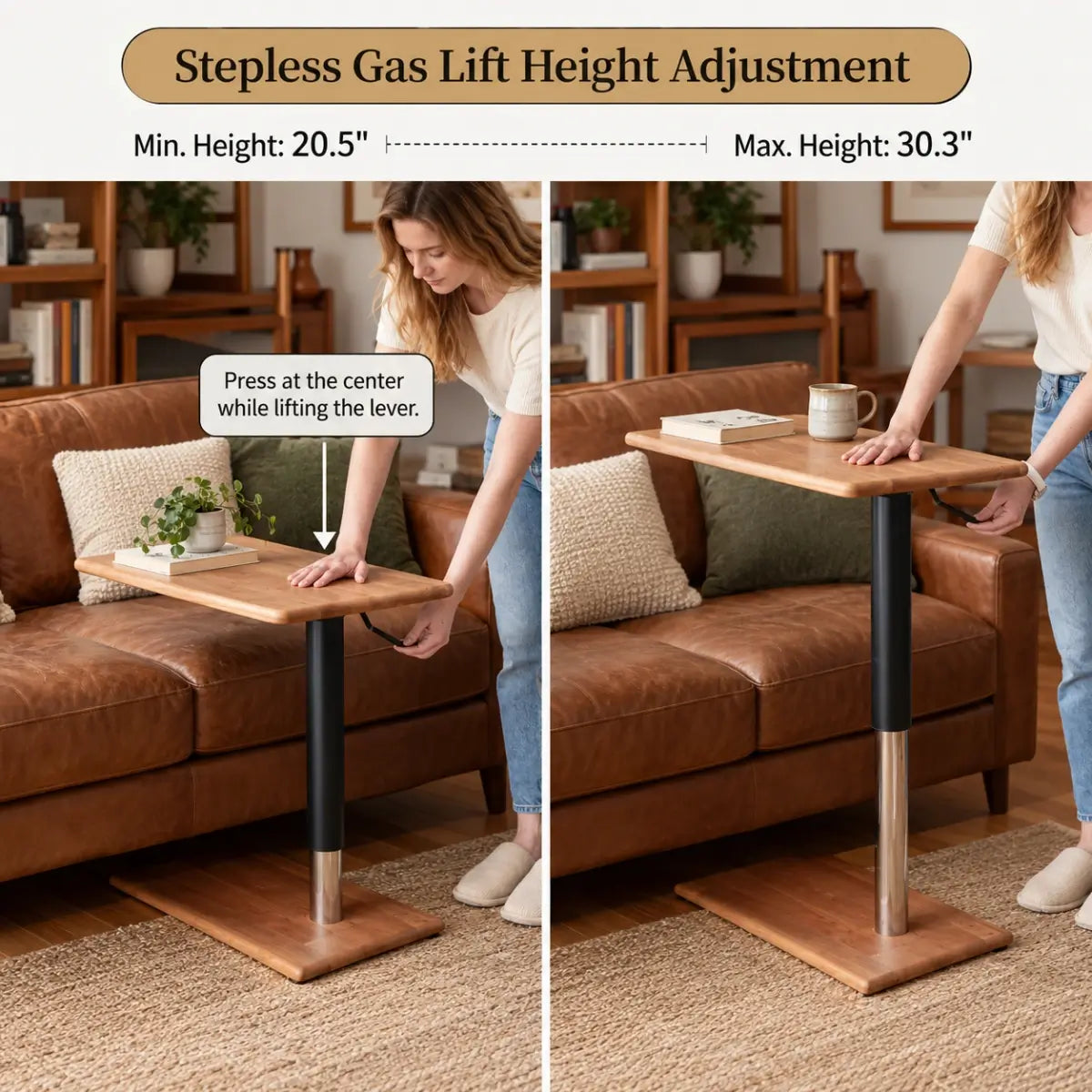 Solid wood sofa side table with rounded wood grain tabletop