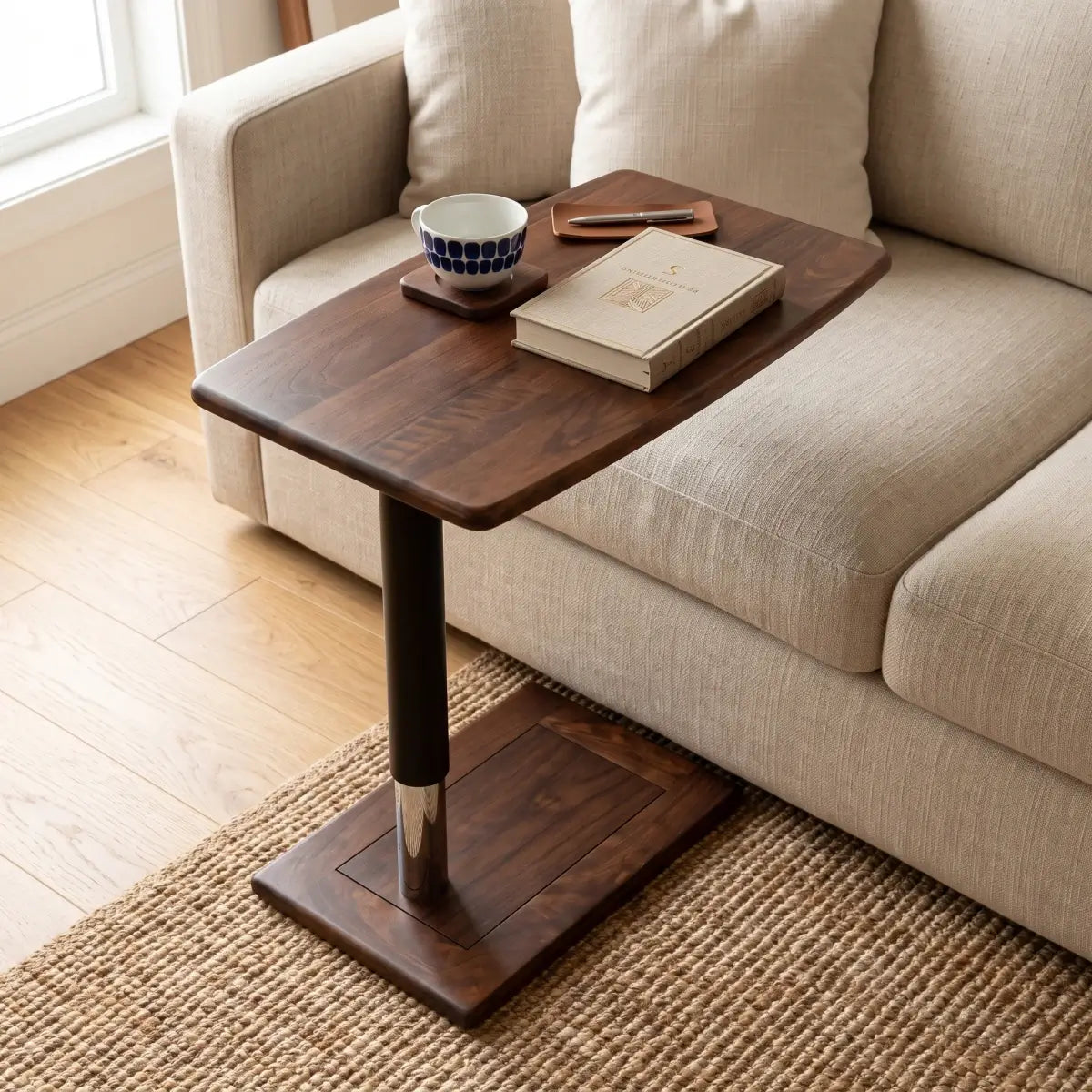Height adjustable solid wood side table for sofa and living room use