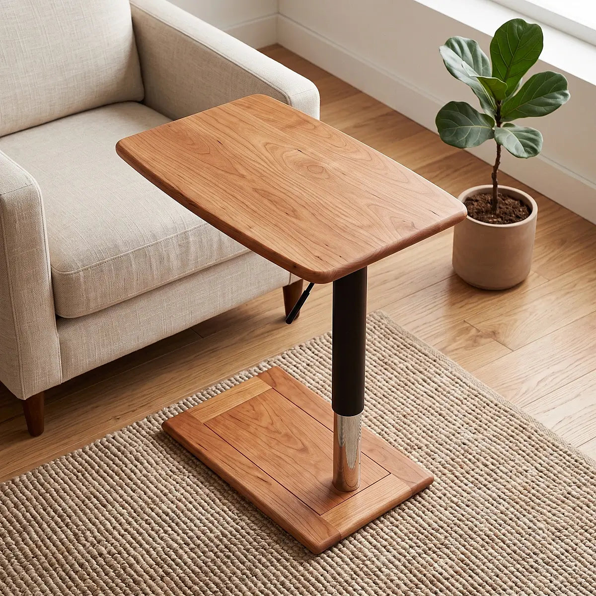 Adjustable solid wood side table positioned beside a sofa