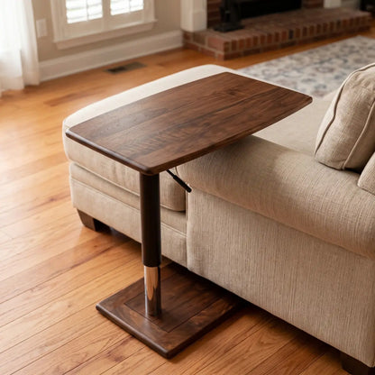 Height adjustable solid wood sofa side table with single-pedestal base